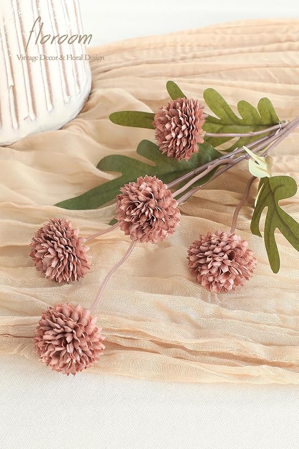 5pcs Dusty Rose Faux Silk Mums Artificial Flowers, Bulk Fake Small Mini Chrysanthemums with Stems for DIY Wedding Centerpieces Floral Arrangements Vase Fillers Home Decorations