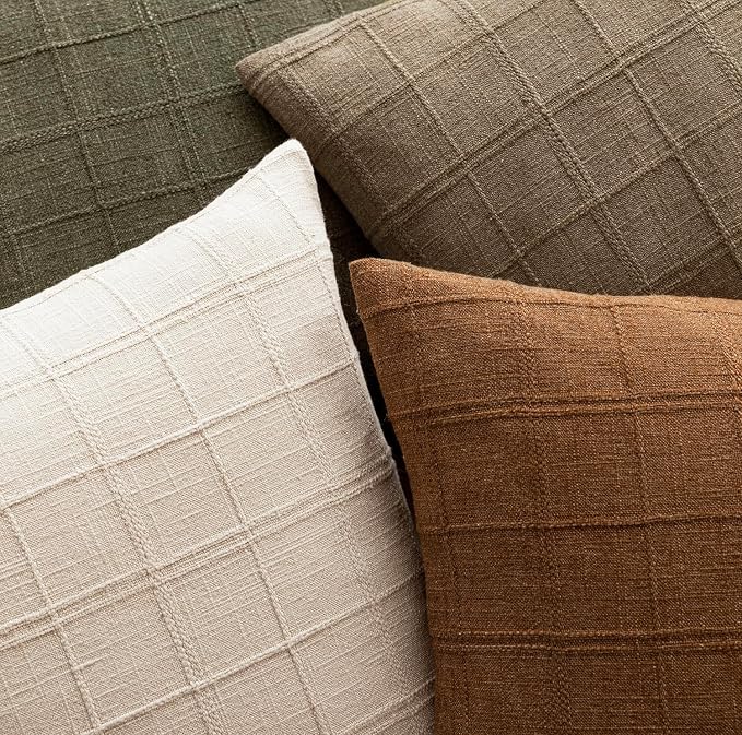 Foindtower Set of 2 Decorative Linen Check Throw Pillow Covers Neutral Farmhouse Vintage Cushion Covers Modern Boho Home Decor for Sofa Chair Couch Bedroom Living Room,26×26 Inch,Brown Hazel