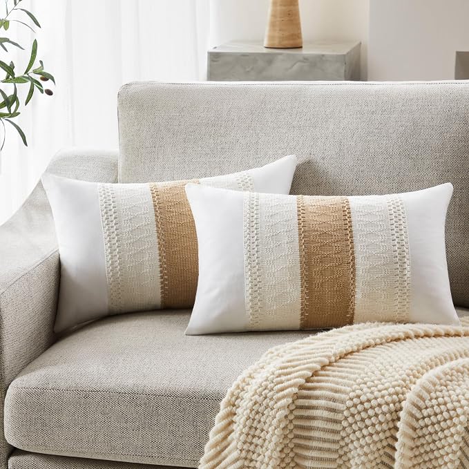 2pk Boho Pillow Covers 12x20, Natural White/Contrast/Brown | 100% Organic Cotton Body, Stripe Embroidery, Farmhouse Decorative Cushion Covers for Sofa Bed Living Room Home Decor