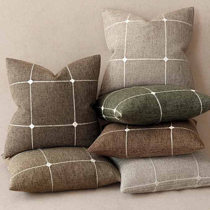 Foindtower Pack of 2 Decorative Faux Linen Jacquard Check Throw Pillow Covers Farmhouse Cushion Cover with Grid Textured Accent Pillowcase for Couch Sofa Living Room Home Decor,20×20 Inch,Cocoa Brown