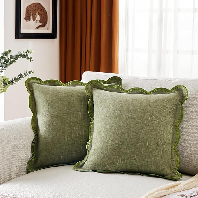 Ohocut Sage Green Scalloped Pillow Cover Pack of 2 Spring Chenille Decorative Throw Pillow Covers 18x18 Cute Boho Couch Pillow Covers Aesthetic Funky Preppy Pillow Cases for Sofa Living Room
