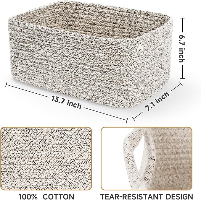 3 Pack Storage Baskets for Organizing, 13.7×9.5×6.3", Mixed brown | Woven Baskets for Shelves, Cotton Rope Basket for Gifts Empty, Closet Organizer Bins with Handles, Cube Decorative Box