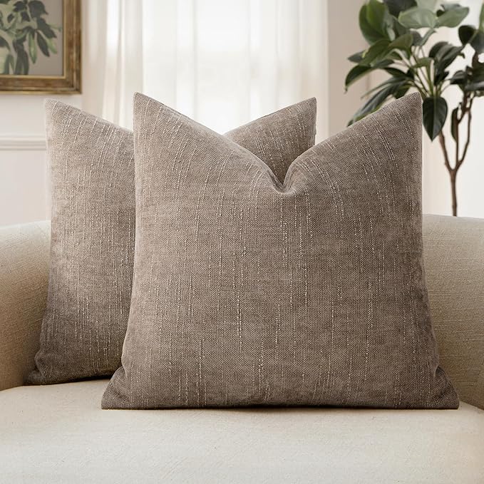 MIULEE 24x24 Inch Euro Textured Chenille Throw Pillow Covers Light Taupe | Pack of 2 Decorative Soft Throw Pillows,Solid Textured Cushion Covers,Modern Home Decor for Bed Couch Sofa Bedroom Livingroom