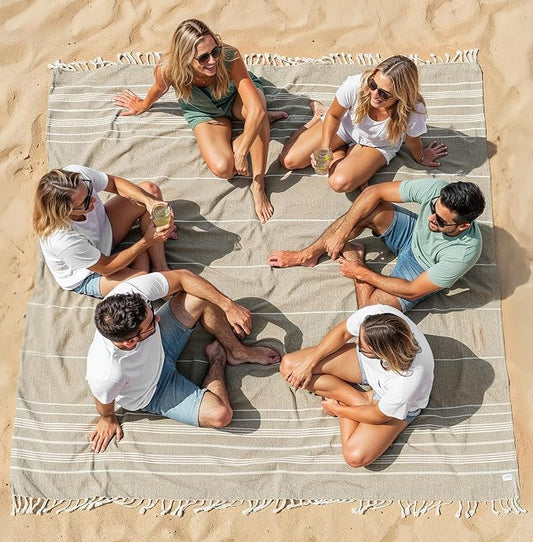 LANE LINEN Picnic Blankets - Turkish Beach Blanket Sandproof with Lightweight Quick Dry Design, 82"x82", Beach Summer Vacation Essentials for Relaxing, Park Outings or Yoga Mat – Beige