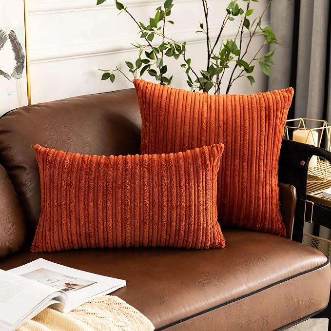 UGASA Fall Pack of 2 Velvet Pillow Covers Striped, Soft Textured Throw Cushion Case Set Corduroy Lumbar Pillowcases with Hidden Zipper for Home Decor Indoor Outdoor (12"x20", Burnt Brick)