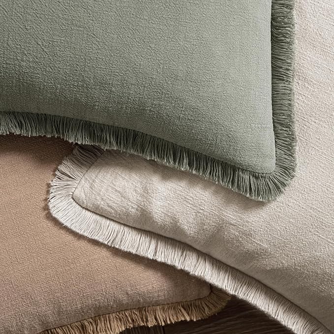 MIULEE Linen Decorative Lumbar Throw Pillow Covers Natural Beige 12x20 | Set of 2, Cottagecore Decor, Boho Farmhouse Neutral Pillow Covers, Rustic Fringe Couch Cushions for Sofa Bed Living Room