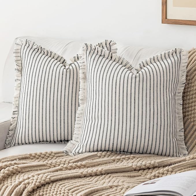 YEENAASY Throw Pillow Covers 24x24 Boho Striped Pillow Cases with Tassel | Set of 2 Fringe Pillow Cover Farmhouse Cushion Covers Neutral Pillows Decorative Square Pillowcase for Couch Sofa Bed, Black