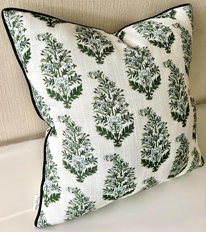 Green Floral Bouquet Print 20x20 Throw Pillow Cover, Green | Green Floral Bouquet sprigs on off-white slub, green piping; both sides printed; hidden; cover only