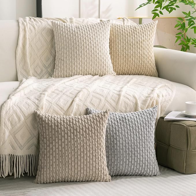 Set of 4 Neutral Decorative Throw Pillow Covers 20x20 Inch Corduroy Pillow Covers for Bed Couch Sofa Living Room Soft Square Cushion Cases