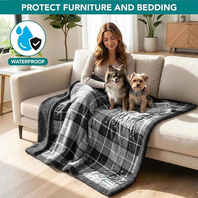 PetAmi Waterproof Dog Blanket for Small Dog Puppy Cat, 29x40, Plaid Grey | 460 GSM Sherpa Fleece Reversible, Pee Proof Pet Blanket, Furniture Protector Cover for Couch Sofa Kennel Crate, Washable