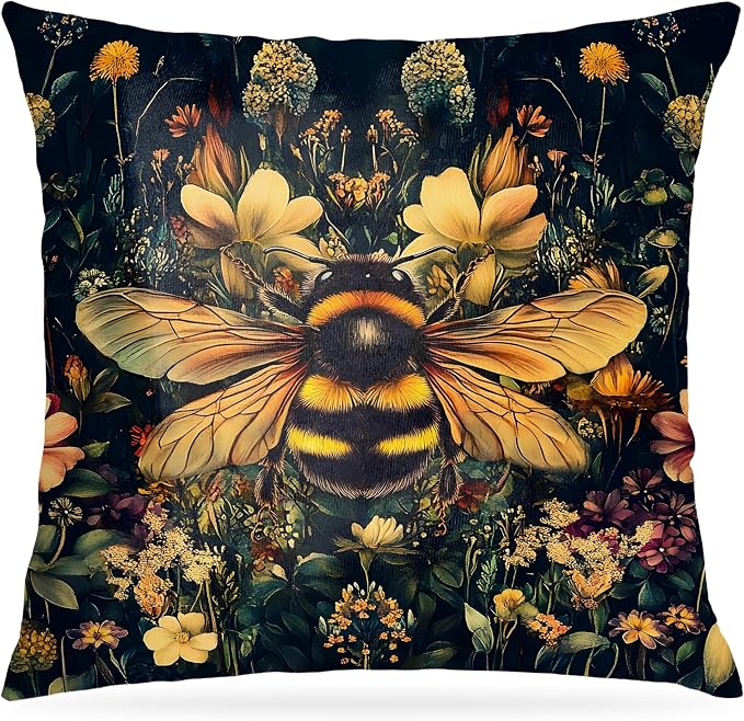 Vintage Moody Floral Bumblebee Pillow Covers 18x18, Moody Dark Cottagecore Botanical Wildflower Bee Decorative Throw Pillow Covers for Home Bedroom Living Room, Bee Decorations for Home