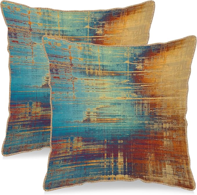 KSLIDS Vintage Abstract Soft Velvet Throw Pillow Covers Set of 2 Blue Orange Messy Rust Painting Decorative Pillow Covers 18x18 Inch Colorful Art Pillow Case for Sofa Couch Living Room Home Decor