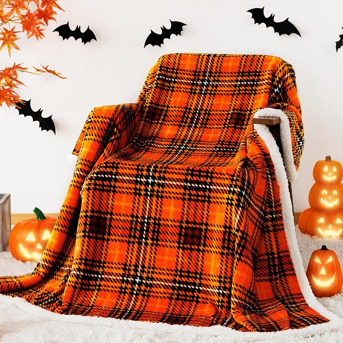 Sherpa Halloween Plaid Throw Blanket(60" X 70", Plaid Orange), Fuzzy Fluffy Cozy Soft Blanket, Fleece Flannel Plush Twin Size Microfiber Blanket for Couch Bed Sofa