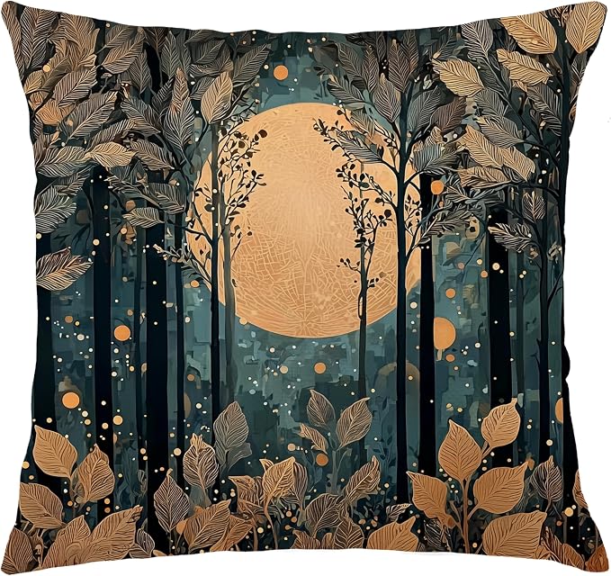 Rustic William Morris Style Gold Moon Pillow Covers 18x18,Vintage Black and Gold Forest Moon Botanical Nature Landscape Decorative Throw Pillow Covers for Home Bedroom Living Room