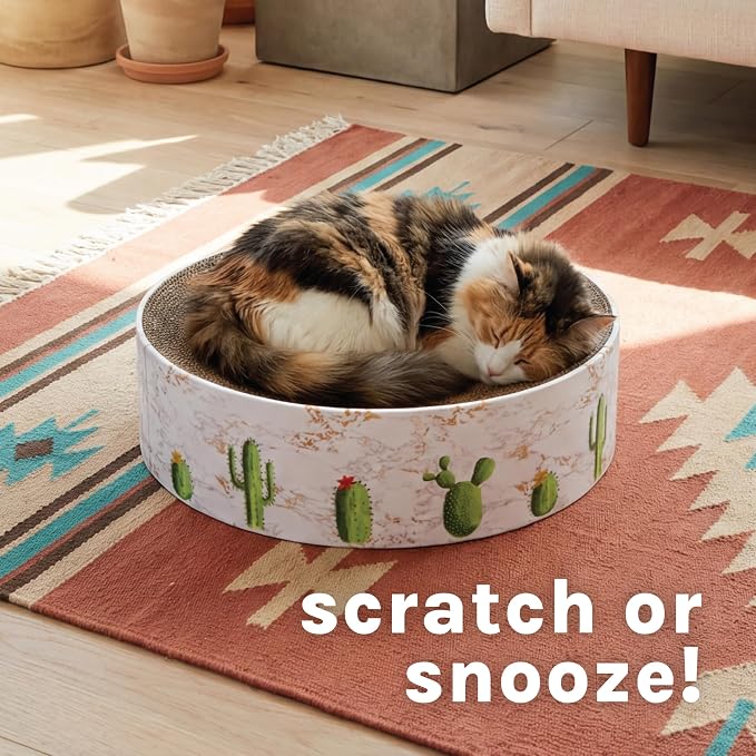 Kitty City Cactus Corrugate Scratcher Bed - Round Lounger Scratch Pad with Corrugated Cardboard, Horizontal Nail File Surface, Indoor Kitty Furniture, Cat Enrichment, Sleep, & Play, 15.5” x 15.5”