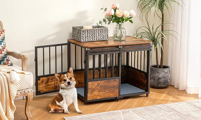 KOOPRO 32" Dog Crate Furniture with Cushion, Heavy Duty for Medium Dogs | Wooden Dog Kennel with Double Doors, Decorative Pet House Dog Cage Side End Table Indoor, Sliding Door Chew-Resistant