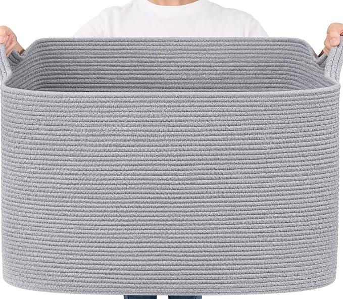 Goodpick 105L Extra Large Woven Rope Blanket Basket, Rectangle, Gray | 25'' x 16'' x 16'' Storage Basket for Blankets, Pillows & Clothes, Living Room & Bedroom Organization, Reinforced Handles