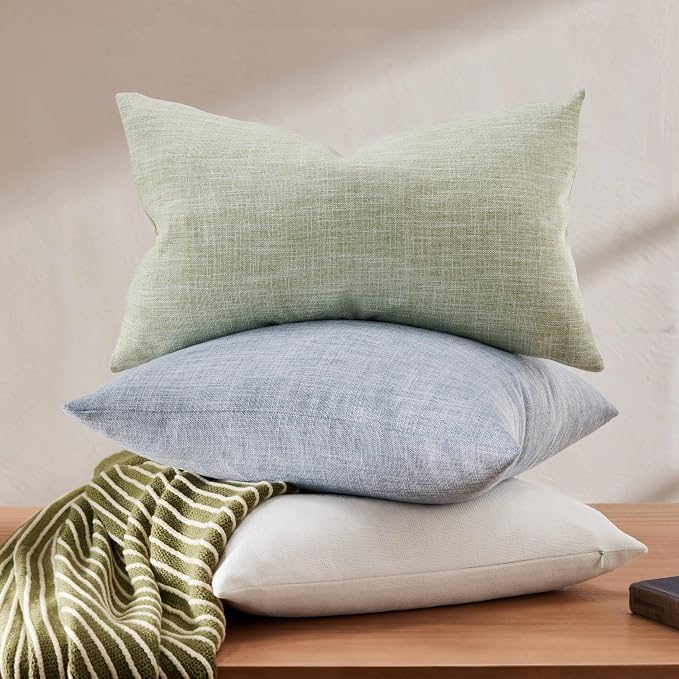 Rustic Linen Lumbar Pillow Covers Set of 2, Green 12x20in | Textured Pillow Case, Rustic Cotton Linen Fabric, Modern Farmhouse Cushion Covers for Sofa Bed Living Room Home Decor