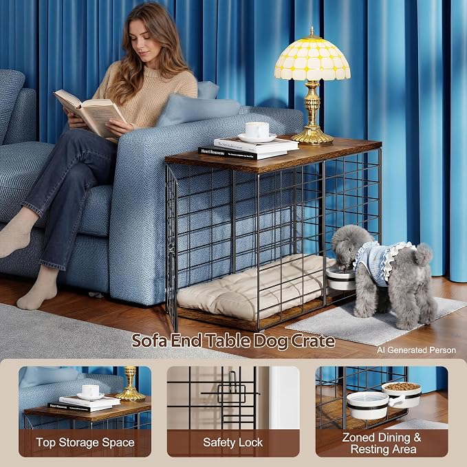 24in Extra Small Dog Crate Furniture, Indoor Kennel End Table under 10 lb，Stylish Durable Indoor Dog Kennel with Storage Top & Secure Lock, Decorative Pet Cage for Chihuahua Yorkie & XS Dog
