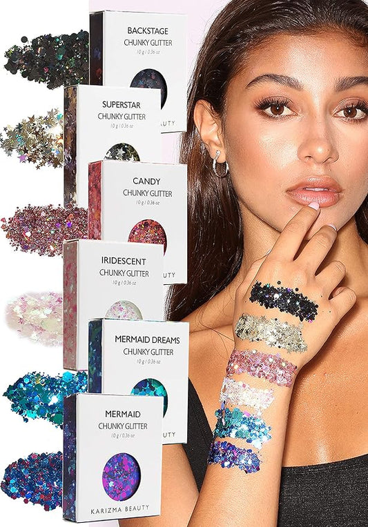 KARIZMA Kiss My Bass! 6X 10g Chunky Face Glitter, Hair, Eye and Body for Women and Men. Rave, Festival Accessories and Cosmetic Makeup. Loose Pots