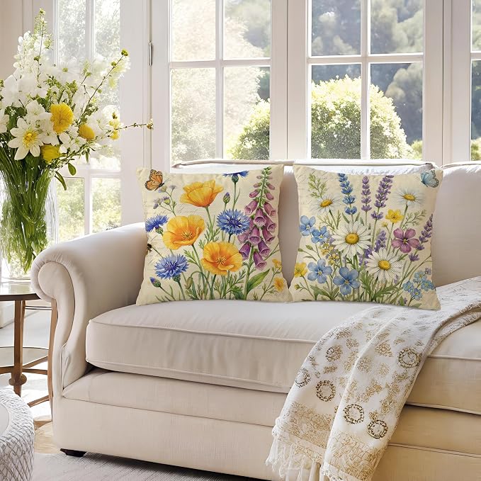 wyooxoo Throw Pillow Covers 20x20 Set of 4 Spring Pillow Covers Linen Flower Farmhouse Cushion Case for Sofa Couch Living Room Outdoor Home Decor