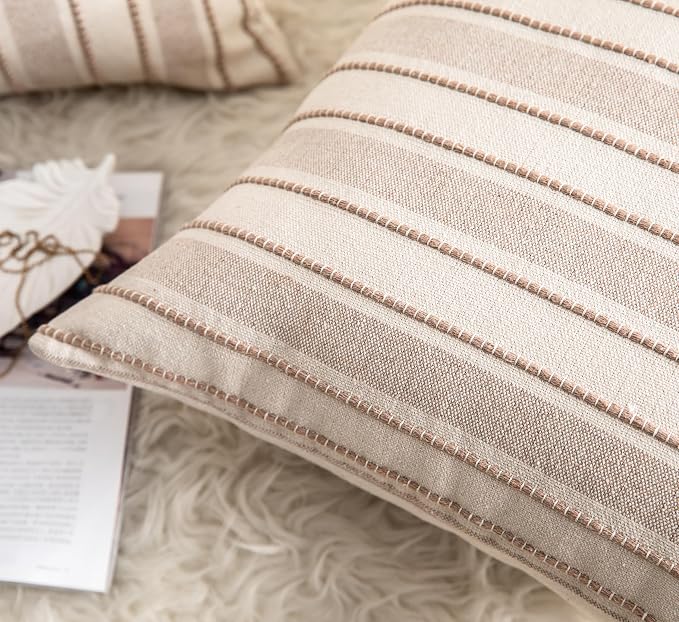Cethom Decorative Boho Throw Pillow Covers, Farmhouse Textured Pillow Case, 22 x 22 Inch Set of 2, Chair Sofa Bedroom Living Room Home Decor Couch Cushion Case, Taupe and Beige Striped
