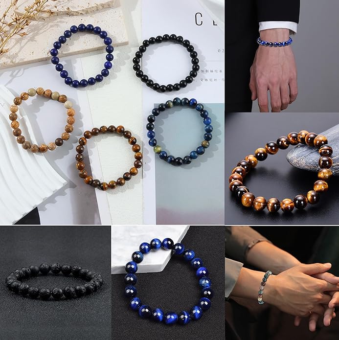 FIRAZIO 12Pcs 8mm Gemstones Beaded Stretch Bracelet for Women Crystal Stone Bracelets Round Beads Semi-Precious Stretch Bracelet Set Unisex
