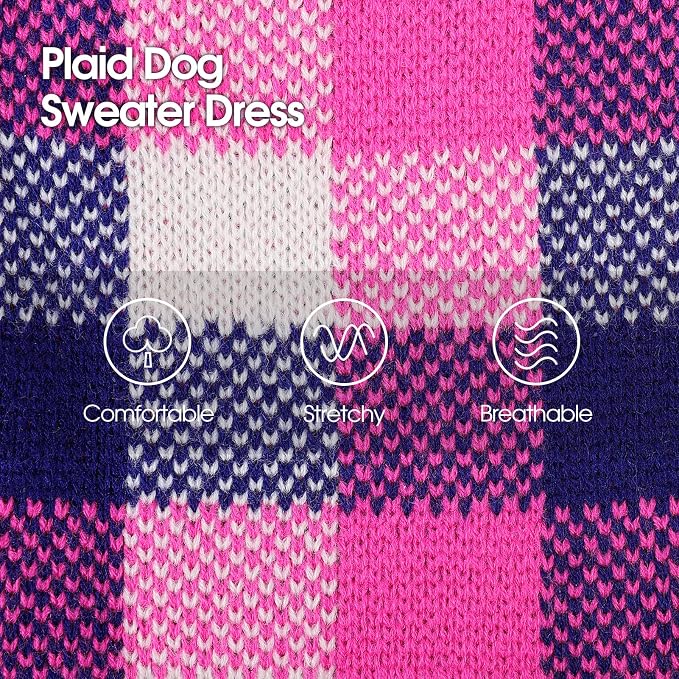 Dog Sweater Dress Plaid Knitwear for Small Medium Dogs Warm Puppy Pet Turtleneck Stretch Pullover Cute Fall Winter Vest Clothes with Leash Hole for Christmas (Navy, 2XS)