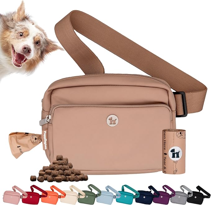 Puppington 3-in-1 Crossbody Dog Walking Bag & Treat Pouch with Matching Planet Safe Poop Bags & Built-In Dispenser - Dog Mom Gift for Puppy Training with Zippered Pockets (Latte Beige)