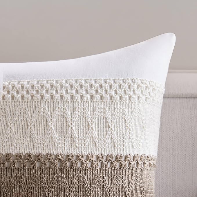 2pk Boho Pillow Covers 22x22, Natural White/Contrast/Cocoa Brown | 100% Organic Cotton Body, Stripe Embroidery, Farmhouse Decorative Cushion Covers for Sofa Bed Living Room Home Decor