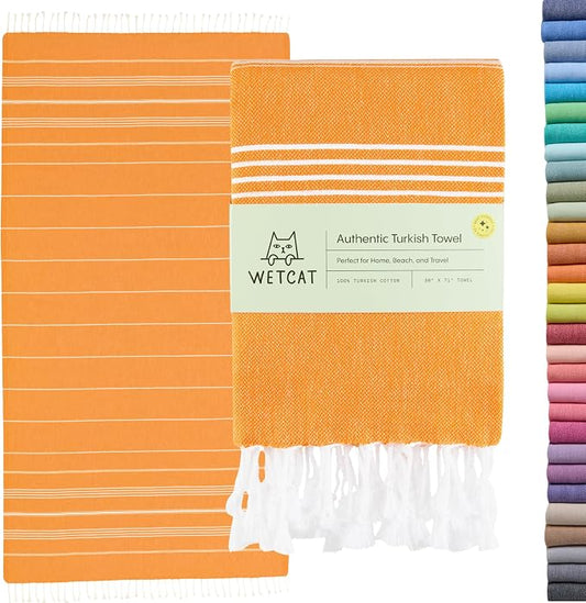 WETCAT Turkish Beach Towel Oversized (38"x71") 100% Turkish Cotton, Made in Turkey - Sand Free, Extra Large, Ultra Soft, Quick Drying, Compact & Lightweight for Travel - Orange