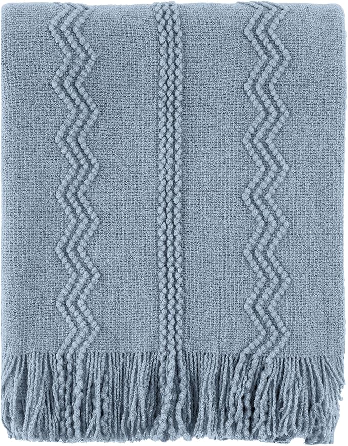 BATTILO HOME Light Blue Throw Blanket for Couch, 50"x60" | Soft Knit Throws with Tassels for Home Decor, Blue Grey Throw Blanket for Bed Sofa