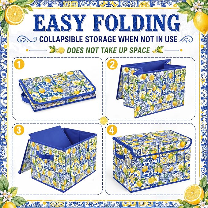 Briwooody Capri Lemon Storage Bin with Lid and Carrying Handle Italy Lemon Foldable Storage Box Large Blue Summer Fruit Decorative Collapsible Container Basket for Organizing Closet Home Bedroom Gift