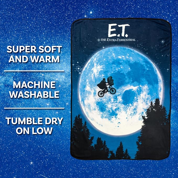 Silver Buffalo ET The Extra-Terrestrial, Fleece Throw Blanket, 45x60in | Movie Poster, Moon, Bike, Soft and Cozy, 180 GSM