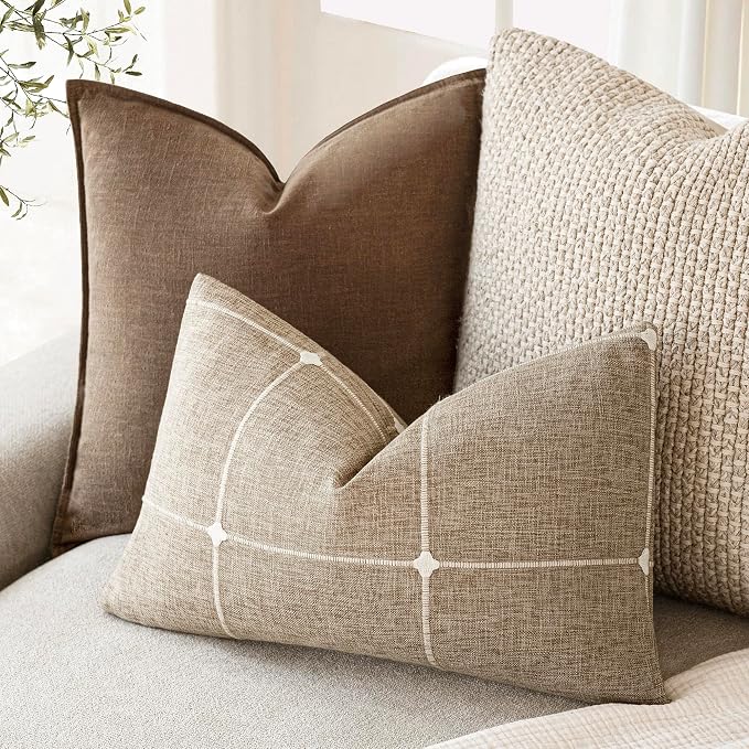 Foindtower Pack of 2 Decorative Faux Linen Jacquard Check Throw Pillow Covers Farmhouse Lumbar Cushion Cover with Grid Textured Accent Pillowcase for Couch Living Room Home Decor,12×20 Inch,Oatmeal