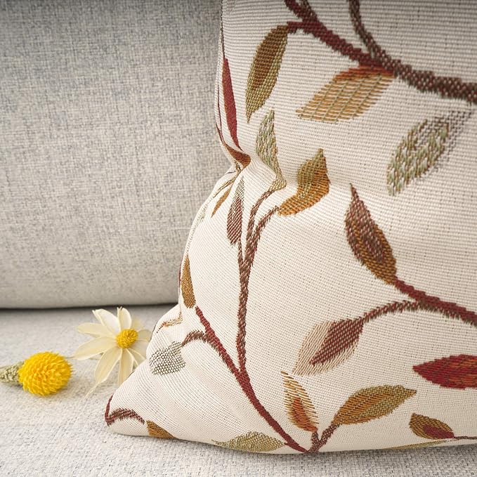 YOUR SMILE Classical Embroidery Jacquard Beige Leaf Pattern Square Decorative Throw Pillow Case Cushion Cover 18 x 18 inch