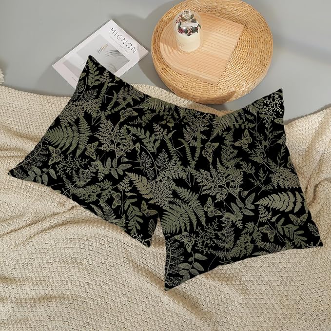 Black Pillow Covers 18x18 Set of 2 Sage Green Wildflower Leaf Plant Decorative Pillowcase Tropical Fern Herbs Botanical Floral Cushion Case Decor Summer Outdoor Throw Pillows for Couch Sofa