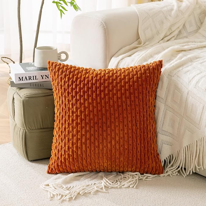 Set of 4 Burnt Orange Decorative Throw Pillow Covers 20x20 Inch Corduroy Pillow Covers for Bed Couch Sofa Living Room Soft Square Cushion Cases
