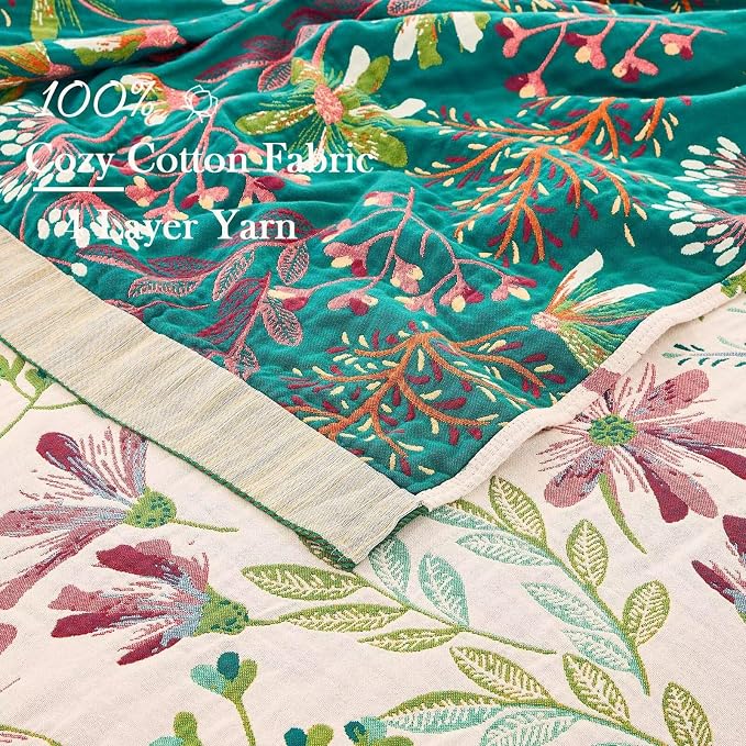XIBLC Boho Throw Blanket for Bed, 100% Cotton Soft Rustic Quilt Fall Blanket, 50"x60" Green Floral Printed Farmhouse Decor Bed Blankets, All Season Rustic Reversible Bohemian Throw Quilt