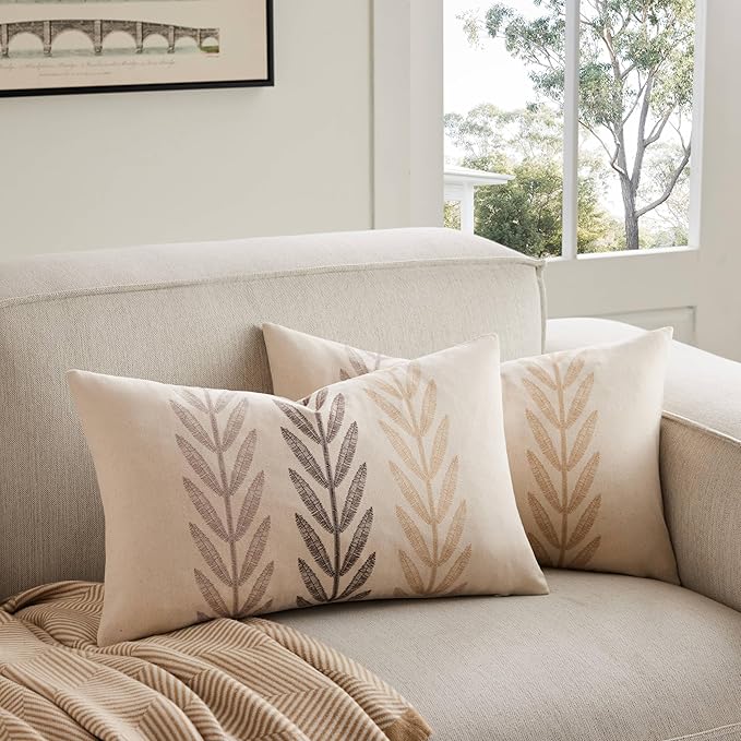 Farmhouse Leaves Lumbar Pillow Covers Set of 2, 12x20in Mixed Beige | 100% Organic Cotton, Rustic Accent Print Pillow Case, Pastoral Decorative Cushion Covers for Sofa Bed Living Room Home Decor