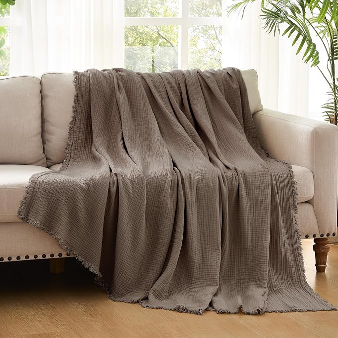 WDCOZY 100% Cotton Muslin Blanket King Size 4-Layer for Bed Breathable Lightweight Soft Large Boho Farmhouse Linen Tassels Ruffle Gauze Blankets 108x90 Inches Brown Mocha Chocolate Coffee Taupe