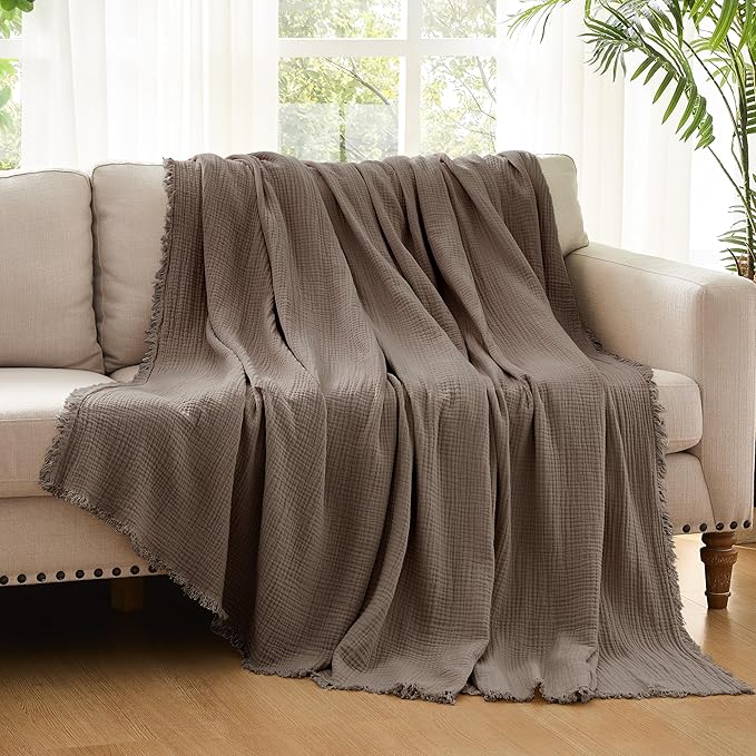 WDCOZY 100% Cotton Muslin Blanket Queen Size 4-Layer for Bed Breathable Lightweight Soft Large Boho Farmhouse Linen Tassels Ruffle Gauze Blankets 90x90 Inches Brown Mocha Chocolate Coffee Taupe