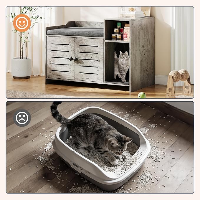 Cat Litter Box Enclosure Furniture, Large Hidden Litter Box Cabinet with Double Door, End Table Cat House with Storage Shelf, Modern Pet Furniture for Living Room, Grey