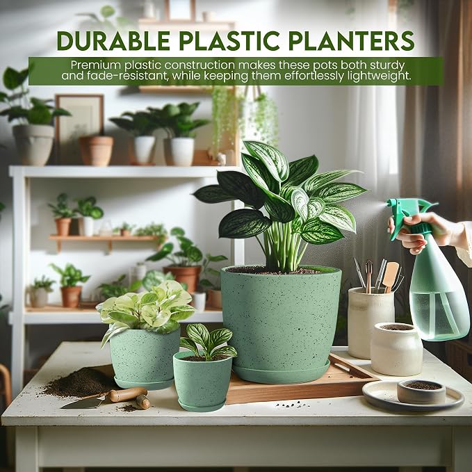 Plant Pots Indoor with Drainage 5 Pack Multi-Size Planters Set Spotty Mint | Drainage holes included Multiple sizes 7/6.6/6/5.3/4.8 In Indoor plants and flowers Durable plastic construction