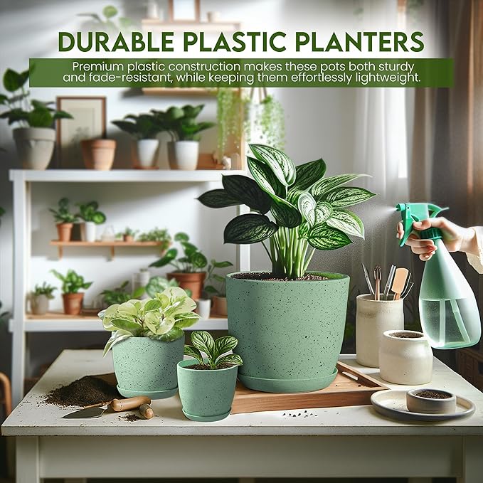 Plant Pots Indoor with Drainage 10 Pack Multi-Size Planters Set Spotty Mint | Drainage holes included Multiple sizes 7/6.6/6/5.3/4.8 In Indoor plants and flowers Durable plastic construction