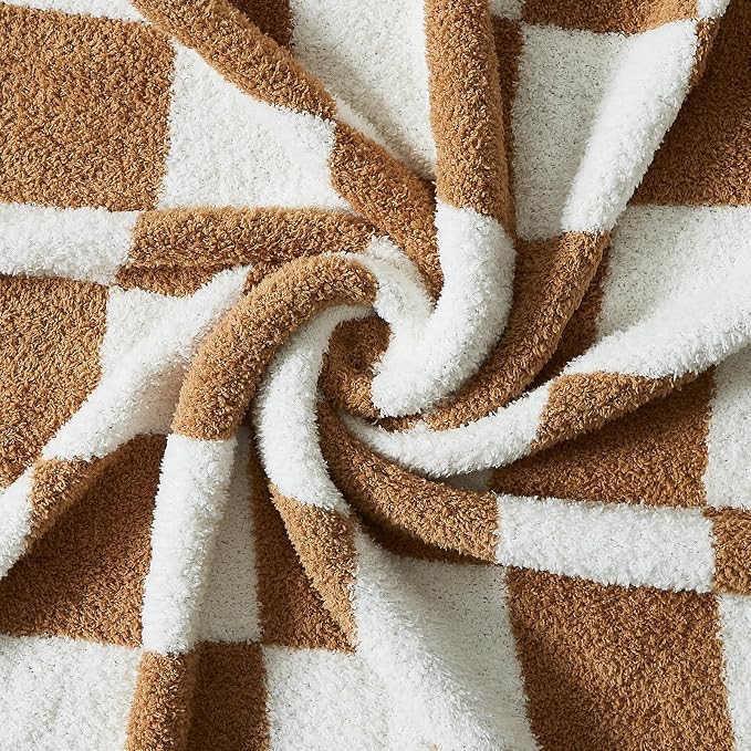 Soft Twin Size Checkered Blanket for Bed-Cozy Knitted Blankets | Lightweight Fluffy Warm Decor for Women, Mom, Her & Girls, Sofa, Chair, Couch, 60x80in,Burnt Orange