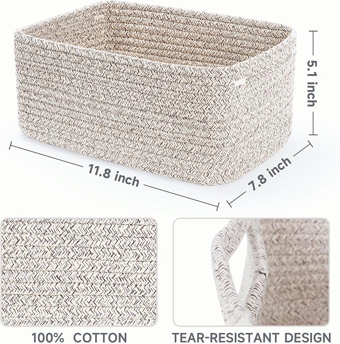 3 Pack Small Storage Baskets for Organizing, 11.8×7.8×5.1", Mixed Brown | Woven Baskets for shelves, Cotton Rope Basket for Gifts Empty, Closet Organizer Bins with Handles, Cube Decorative Box