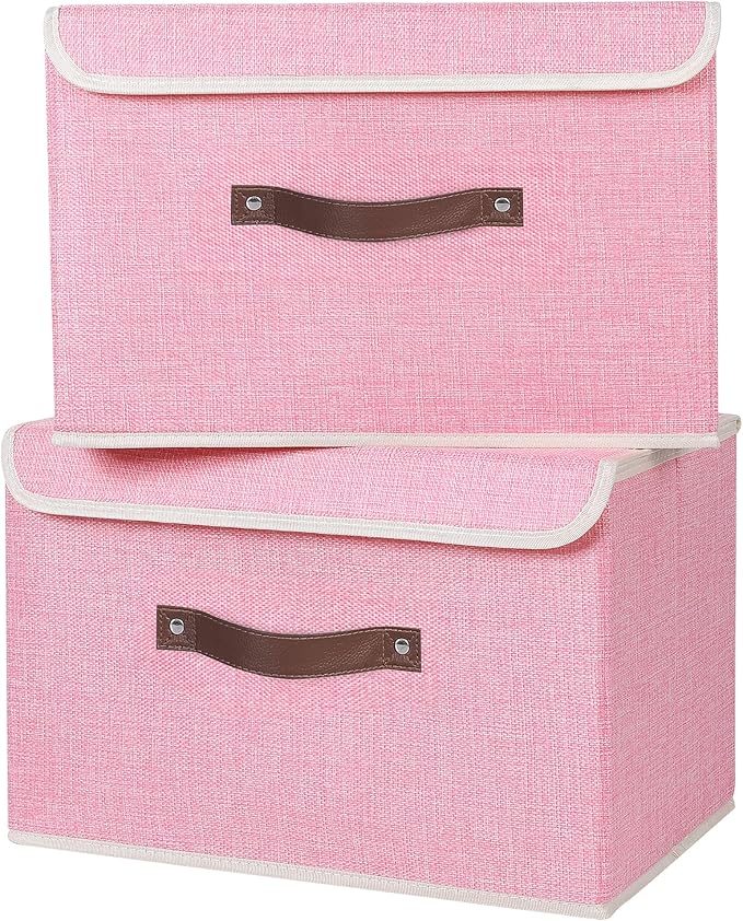 ANMINY Fabric Storage Box Bins with Lids, Pink, 15"x10"x10", 4 Pack | Keepsake Memory Storage, Cotton Linen, PP Board Reinforced, Washable, PU Handles, Foldable & Stackable, Decorative, Large