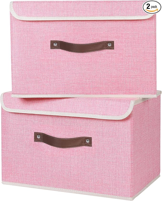 ANMINY Fabric Storage Box Bins with Lids, Pink, 15"x10"x10", 2 Pack | Keepsake Memory Storage, Cotton Linen, PP Board Reinforced, Washable, PU Handles, Foldable & Stackable, Decorative, Large