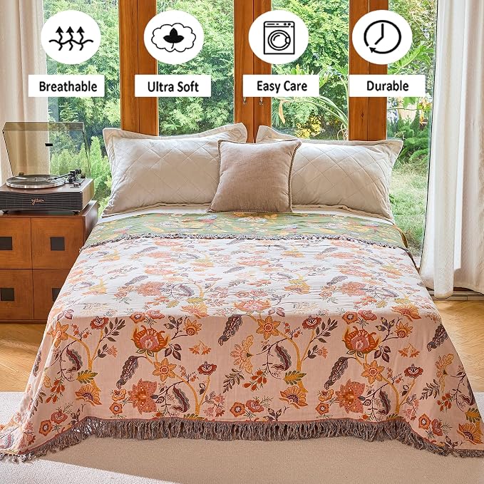 VANJOROY Boho Throw Blanket, 100% Organic Cotton Breathable Ultra Soft 91" x 108" King Bed Quilt Throw - All Season Floral Rustic Farmhouse Decor Luxury Blanket for Sofa Couch Chair and Gift